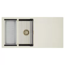 HD Onyx White 100 egymedencés mosogatótálca szett, acél csepegtetőráccsal és kosárral, csepegtetőtálcával, tört fehér színben, szálcsiszolt arany leeresztő szifonnal