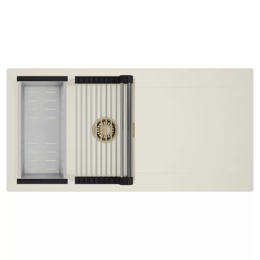 HD Onyx White 100 egymedencés mosogatótálca szett, acél csepegtetőráccsal és kosárral, csepegtetőtálcával, tört fehér színben, szálcsiszolt arany leeresztő szifonnal