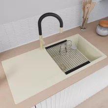 HD Onyx White 100 egymedencés mosogatótálca szett, acél csepegtetőráccsal és kosárral, csepegtetőtálcával, tört fehér színben, szálcsiszolt arany leeresztő szifonnal