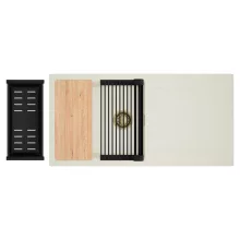 HD Onyx White 100 egymedencés mosogatótálca szett, vágódeszkával, matt fekete csepegtetőráccsal és kosárral, csepegtetőtálcával, tört fehér színben, szálcsiszolt arany leeresztő szifonnal