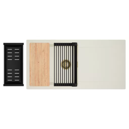 HD Onyx White 100 egymedencés mosogatótálca szett, vágódeszkával, matt fekete csepegtetőráccsal és kosárral, csepegtetőtálcával, tört fehér színben, szálcsiszolt arany leeresztő szifonnal