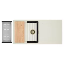 HD Onyx White 100 egymedencés mosogatótálca szett, vágódeszkával, matt fekete csepegtetőráccsal és krómozott kosárral, csepegtetőtálcával, tört fehér színben, szálcsiszolt arany leeresztő szifonnal