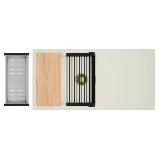 HD Onyx White 100 egymedencés mosogatótálca szett, vágódeszkával, matt fekete csepegtetőráccsal és krómozott kosárral, csepegtetőtálcával, tört fehér színben, szálcsiszolt arany leeresztő szifonnal