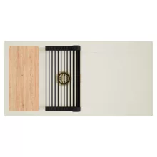 HD Onyx White 100 egymedencés mosogatótálca szett, vágódeszkával, matt fekete csepegtetőráccsal, csepegtetőtálcával, tört fehér színben, szálcsiszolt arany leeresztő szifonnal