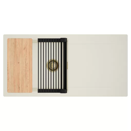 HD Onyx White 100 egymedencés mosogatótálca szett, vágódeszkával, matt fekete csepegtetőráccsal, csepegtetőtálcával, tört fehér színben, szálcsiszolt arany leeresztő szifonnal