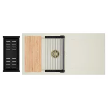 HD Onyx White 100 egymedencés mosogatótálca szett, vágódeszkával, acél csepegtetőráccsal és matt fekete kosárral, csepegtetőtálcával, tört fehér színben, szálcsiszolt arany leeresztő szifonnal