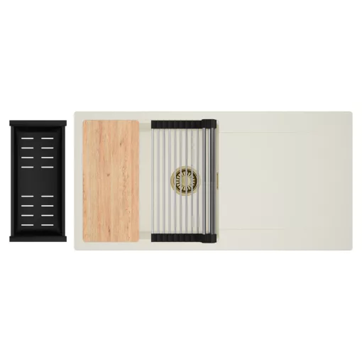 HD Onyx White 100 egymedencés mosogatótálca szett, vágódeszkával, acél csepegtetőráccsal és matt fekete kosárral, csepegtetőtálcával, tört fehér színben, szálcsiszolt arany leeresztő szifonnal