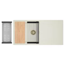 HD Onyx White 100 egymedencés mosogatótálca szett, vágódeszkával, acél csepegtetőráccsal és kosárral, csepegtetőtálcával, tört fehér színben, szálcsiszolt arany leeresztő szifonnal