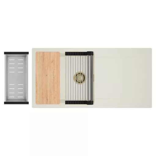 HD Onyx White 100 egymedencés mosogatótálca szett, vágódeszkával, acél csepegtetőráccsal és kosárral, csepegtetőtálcával, tört fehér színben, szálcsiszolt arany leeresztő szifonnal