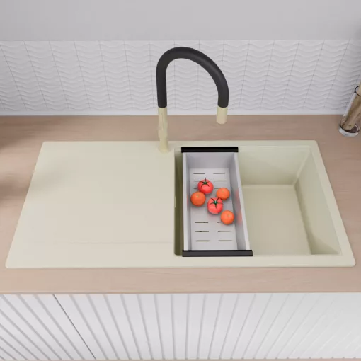 HD Onyx White 100 egymedencés mosogatótálca szett, vágódeszkával, acél csepegtetőráccsal és kosárral, csepegtetőtálcával, tört fehér színben, szálcsiszolt arany leeresztő szifonnal