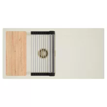 HD Onyx White 100 egymedencés mosogatótálca szett, vágódeszkával, acél csepegtetőráccsal, csepegtetőtálcával, tört fehér színben, szálcsiszolt arany leeresztő szifonnal