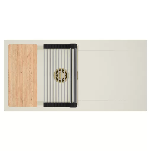 HD Onyx White 100 egymedencés mosogatótálca szett, vágódeszkával, acél csepegtetőráccsal, csepegtetőtálcával, tört fehér színben, szálcsiszolt arany leeresztő szifonnal