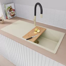 HD Onyx White 100 egymedencés mosogatótálca szett, vágódeszkával, acél csepegtetőráccsal, csepegtetőtálcával, tört fehér színben, szálcsiszolt arany leeresztő szifonnal