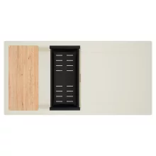 HD Onyx White 100 egymedencés mosogatótálca szett, vágódeszkával, matt fekete csepegtetőkosárral, csepegtetőtálcával, tört fehér színben, szálcsiszolt arany leeresztő szifonnal