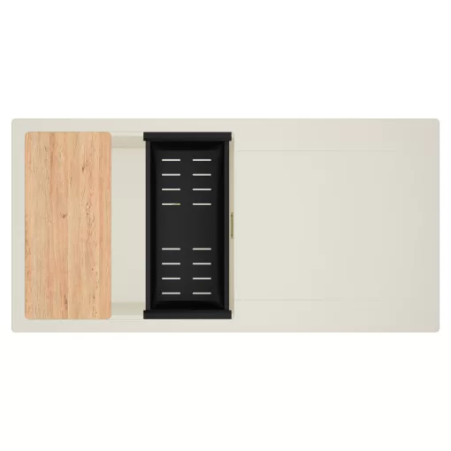 HD Onyx White 100 egymedencés mosogatótálca szett, vágódeszkával, matt fekete csepegtetőkosárral, csepegtetőtálcával, tört fehér színben, szálcsiszolt arany leeresztő szifonnal