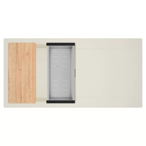 HD Onyx White 100 egymedencés mosogatótálca szett, vágódeszkával, acél csepegtetőkosárral, csepegtetőtálcával, tört fehér színben, szálcsiszolt arany leeresztő szifonnal