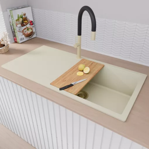 HD Onyx White 100 egymedencés mosogatótálca szett, vágódeszkával, acél csepegtetőkosárral, csepegtetőtálcával, tört fehér színben, szálcsiszolt arany leeresztő szifonnal