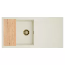 HD Onyx White 100 egymedencés mosogatótálca, vágódeszkával, csepegtetőtálcával, tört fehér színben, szálcsiszolt arany leeresztő szifonnal