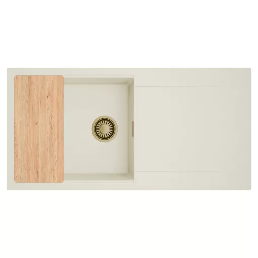HD Onyx White 100 egymedencés mosogatótálca, vágódeszkával, csepegtetőtálcával, tört fehér színben, szálcsiszolt arany leeresztő szifonnal