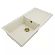 HD Onyx White 100 egymedencés mosogatótálca, vágódeszkával, csepegtetőtálcával, tört fehér színben, szálcsiszolt arany leeresztő szifonnal