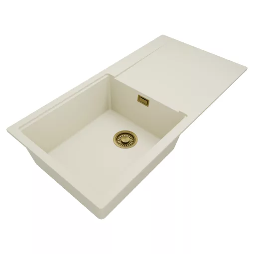 HD Onyx White 100 egymedencés mosogatótálca, vágódeszkával, csepegtetőtálcával, tört fehér színben, szálcsiszolt arany leeresztő szifonnal