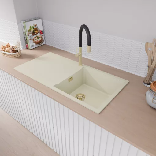 HD Onyx White 100 egymedencés mosogatótálca, vágódeszkával, csepegtetőtálcával, tört fehér színben, szálcsiszolt arany leeresztő szifonnal