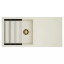 HD Onyx White 100 egymedencés mosogatótálca szett, acél csepegtetőráccsal, csepegtetőtálcával, tört fehér színben, szálcsiszolt arany leeresztő szifonnal