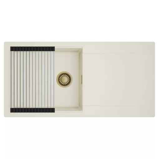 HD Onyx White 100 egymedencés mosogatótálca szett, acél csepegtetőráccsal, csepegtetőtálcával, tört fehér színben, szálcsiszolt arany leeresztő szifonnal