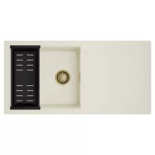 HD Onyx White 100 egymedencés mosogatótálca szett, matt fekete csepegtetőkosárral, csepegtetőtálcával, tört fehér színben, szálcsiszolt arany leeresztő szifonnal