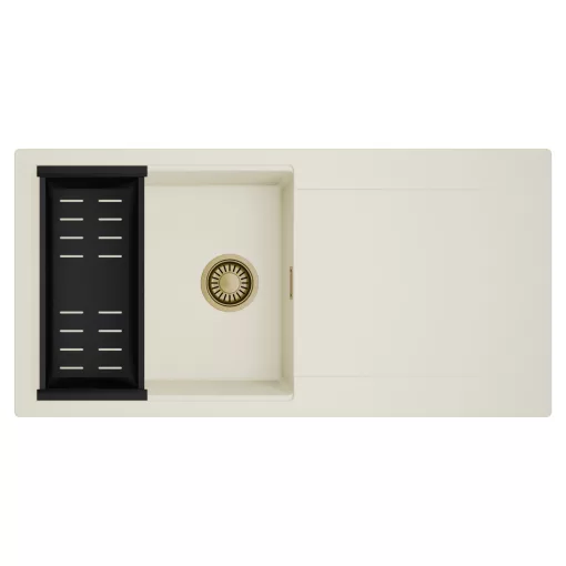 HD Onyx White 100 egymedencés mosogatótálca szett, matt fekete csepegtetőkosárral, csepegtetőtálcával, tört fehér színben, szálcsiszolt arany leeresztő szifonnal