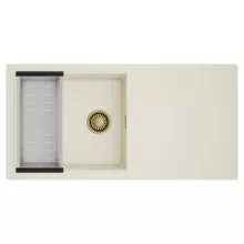 HD Onyx White 100 egymedencés mosogatótálca szett, acél csepegtetőkosárral, csepegtetőtálcával, tört fehér színben, szálcsiszolt arany leeresztő szifonnal