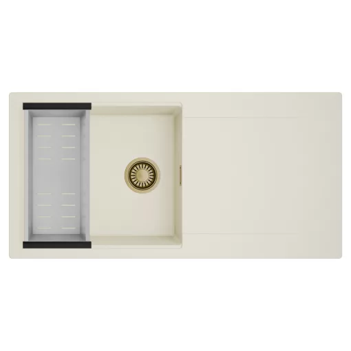 HD Onyx White 100 egymedencés mosogatótálca szett, acél csepegtetőkosárral, csepegtetőtálcával, tört fehér színben, szálcsiszolt arany leeresztő szifonnal