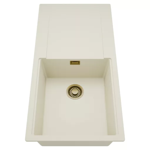 HD Onyx White 100 egymedencés mosogatótálca, csepegtetőtálcával, tört fehér színben, szálcsiszolt arany leeresztő szifonnal