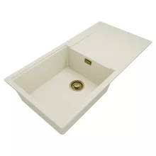 HD Onyx White 100 egymedencés mosogatótálca, csepegtetőtálcával, tört fehér színben, szálcsiszolt arany leeresztő szifonnal