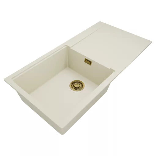 HD Onyx White 100 egymedencés mosogatótálca, csepegtetőtálcával, tört fehér színben, szálcsiszolt arany leeresztő szifonnal