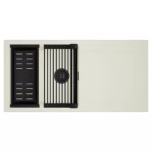 HD Onyx White 100 egymedencés mosogatótálca szett, matt fekete csepegtetőráccsal és kosárral, csepegtetőtálcával, tört fehér színben, matt fekete leeresztő szifonnal