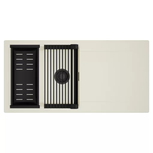 HD Onyx White 100 egymedencés mosogatótálca szett, matt fekete csepegtetőráccsal és kosárral, csepegtetőtálcával, tört fehér színben, matt fekete leeresztő szifonnal