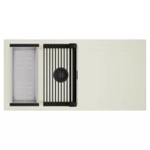 HD Onyx White 100 egymedencés mosogatótálca szett, matt fekete csepegtetőráccsal és krómozott kosárral, csepegtetőtálcával, tört fehér színben, matt fekete leeresztő szifonnal