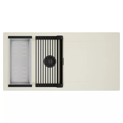 HD Onyx White 100 egymedencés mosogatótálca szett, matt fekete csepegtetőráccsal és krómozott kosárral, csepegtetőtálcával, tört fehér színben, matt fekete leeresztő szifonnal