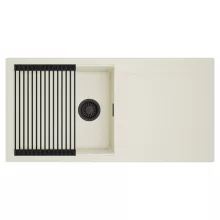 HD Onyx White 100 egymedencés mosogatótálca szett, matt fekete csepegtetőráccsal, csepegtetőtálcával, tört fehér színben, matt fekete leeresztő szifonnal