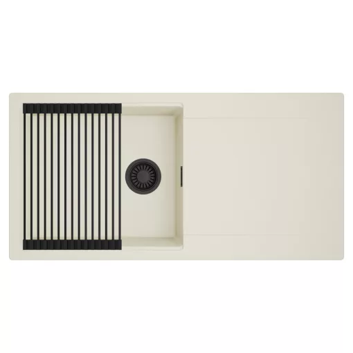 HD Onyx White 100 egymedencés mosogatótálca szett, matt fekete csepegtetőráccsal, csepegtetőtálcával, tört fehér színben, matt fekete leeresztő szifonnal