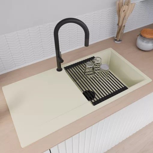 HD Onyx White 100 egymedencés mosogatótálca szett, matt fekete csepegtetőráccsal, csepegtetőtálcával, tört fehér színben, matt fekete leeresztő szifonnal