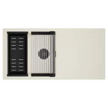 HD Onyx White 100 egymedencés mosogatótálca szett, acél csepegtetőráccsal és matt fekete kosárral, csepegtetőtálcával, tört fehér színben, matt fekete leeresztő szifonnal