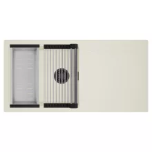 HD Onyx White 100 egymedencés mosogatótálca szett, acél csepegtetőráccsal és kosárral, csepegtetőtálcával, tört fehér színben, matt fekete leeresztő szifonnal