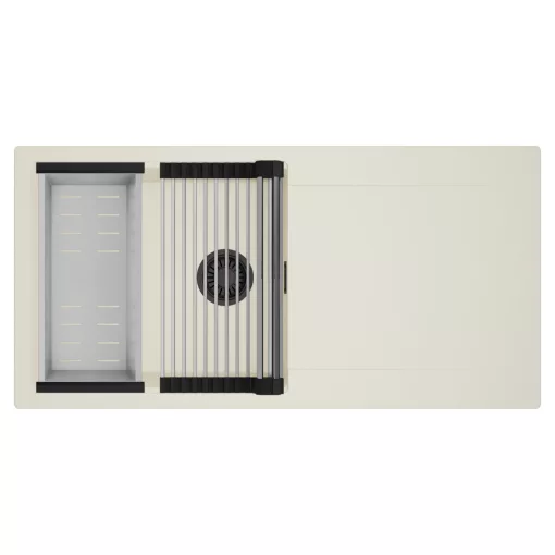 HD Onyx White 100 egymedencés mosogatótálca szett, acél csepegtetőráccsal és kosárral, csepegtetőtálcával, tört fehér színben, matt fekete leeresztő szifonnal