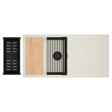 HD Onyx White 100 egymedencés mosogatótálca szett, vágódeszkával, matt fekete csepegtetőráccsal és kosárral, csepegtetőtálcával, tört fehér színben, matt fekete leeresztő szifonnal