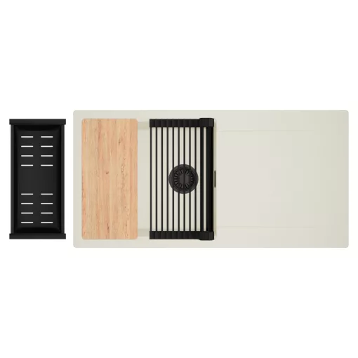 HD Onyx White 100 egymedencés mosogatótálca szett, vágódeszkával, matt fekete csepegtetőráccsal és kosárral, csepegtetőtálcával, tört fehér színben, matt fekete leeresztő szifonnal