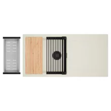 HD Onyx White 100 egymedencés mosogatótálca szett, vágódeszkával, matt fekete csepegtetőráccsal és krómozott kosárral, csepegtetőtálcával, tört fehér színben, matt fekete leeresztő szifonnal