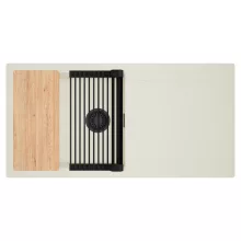 HD Onyx White 100 egymedencés mosogatótálca szett, vágódeszkával, matt fekete csepegtetőráccsal, csepegtetőtálcával, tört fehér színben, matt fekete leeresztő szifonnal