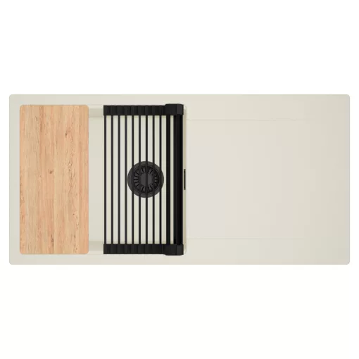 HD Onyx White 100 egymedencés mosogatótálca szett, vágódeszkával, matt fekete csepegtetőráccsal, csepegtetőtálcával, tört fehér színben, matt fekete leeresztő szifonnal